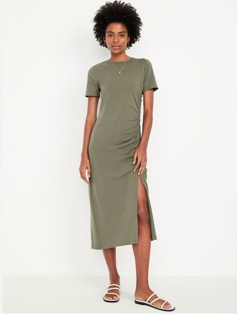OLD NAVY NWT Olive Green Ruched Midi Dress with Side Slit, Women’s Large Tall